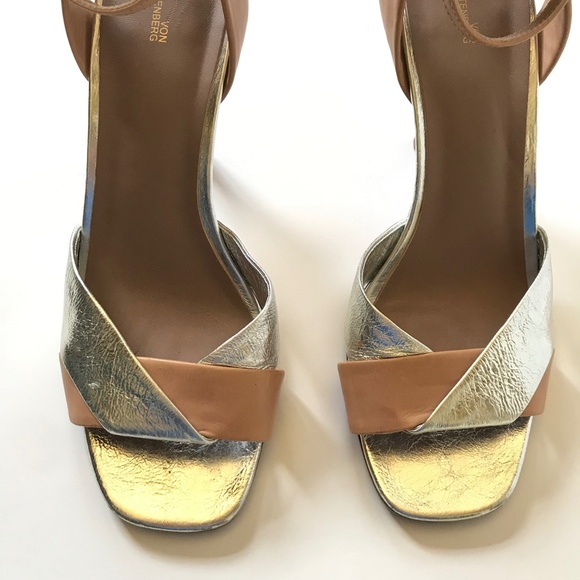 DVF Fiona Heels Sandals Womens 38.5 8.5 Nude Tan Silver Diane von Furstenberg - Picture 6 of 13